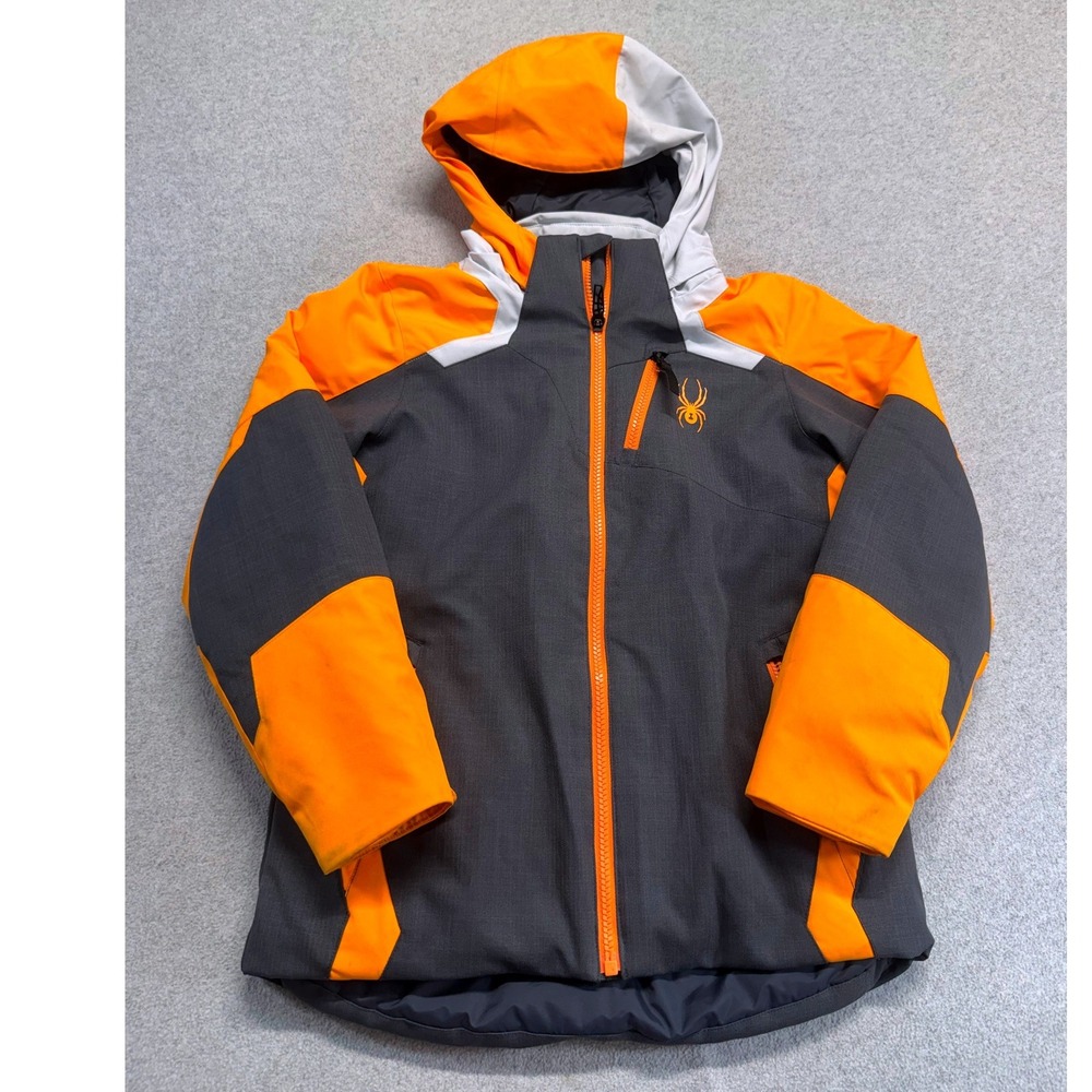 Spyder Ski Jacket Kids Size 10 Gray Orange Colorblock Hooded Insulated Coat